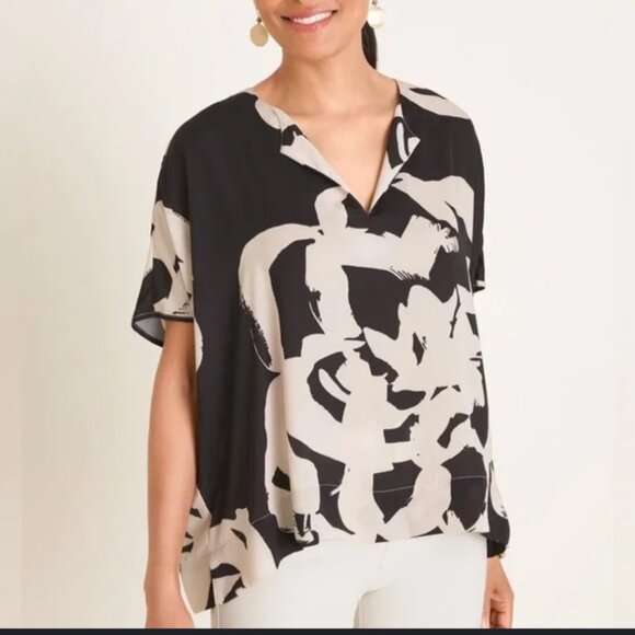 NWT Chico’s Women’s 3 XL Split Neck Top Black Cream Abstract Print Blouse - Picture 1 of 7